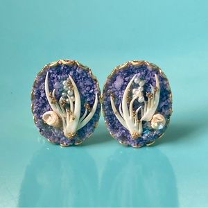 80s Vintage Purple Shell Earrings Mermaidcore Tiny Seed Pearls Shell Clip-Ons